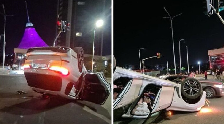 Елордада BMW X7 көлігі жарық бағанына соғылып, аударылып қалды