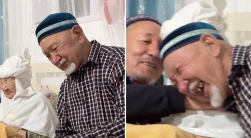 Ақ шашты «сәби»: Ғасыр жасаған ана 80 жастағы ұлын еркелетті